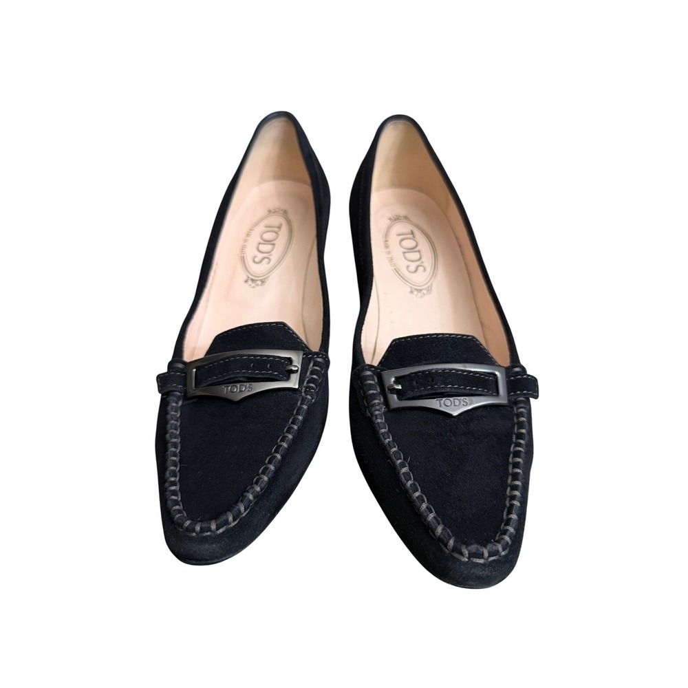 Tods Womens‎ Black Suede Loafer Kitten Heel Pumps Buckle Made in Italy 39.5